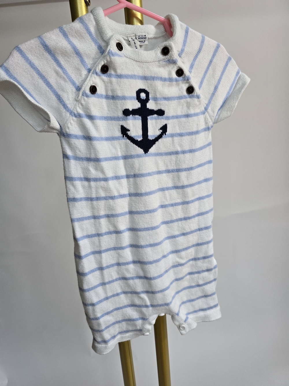 Janie and Jack White & Light Blue Striped Knit Romper with Navy Anchor Nautical